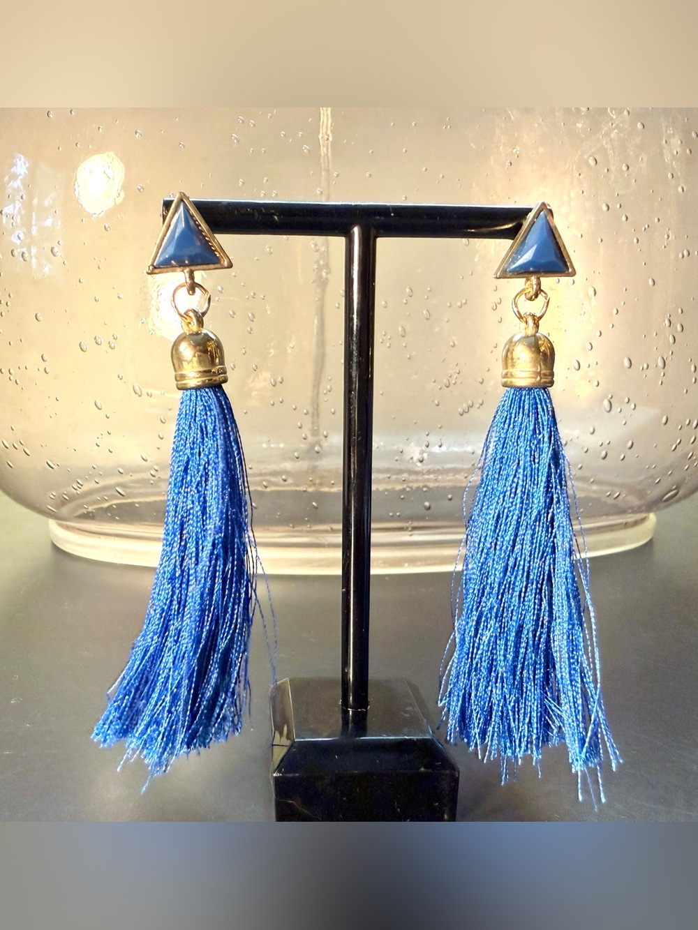 Bohemian Gold Tone Long Blue Tassel Drop Earrings
